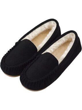 Women's Black Faux Suede Cozy Memory Foam Slippers Slip On Warm House Shoes